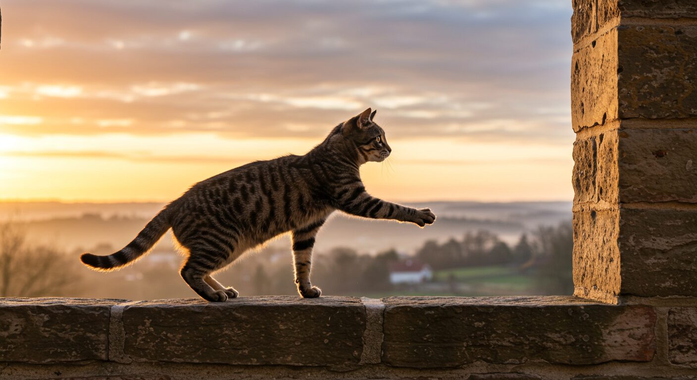 猫が高い場所から、窓の外に広がる朝焼けの空に向かって、今まさにジャンプしようとする瞬間。希望と躍動感を表現。