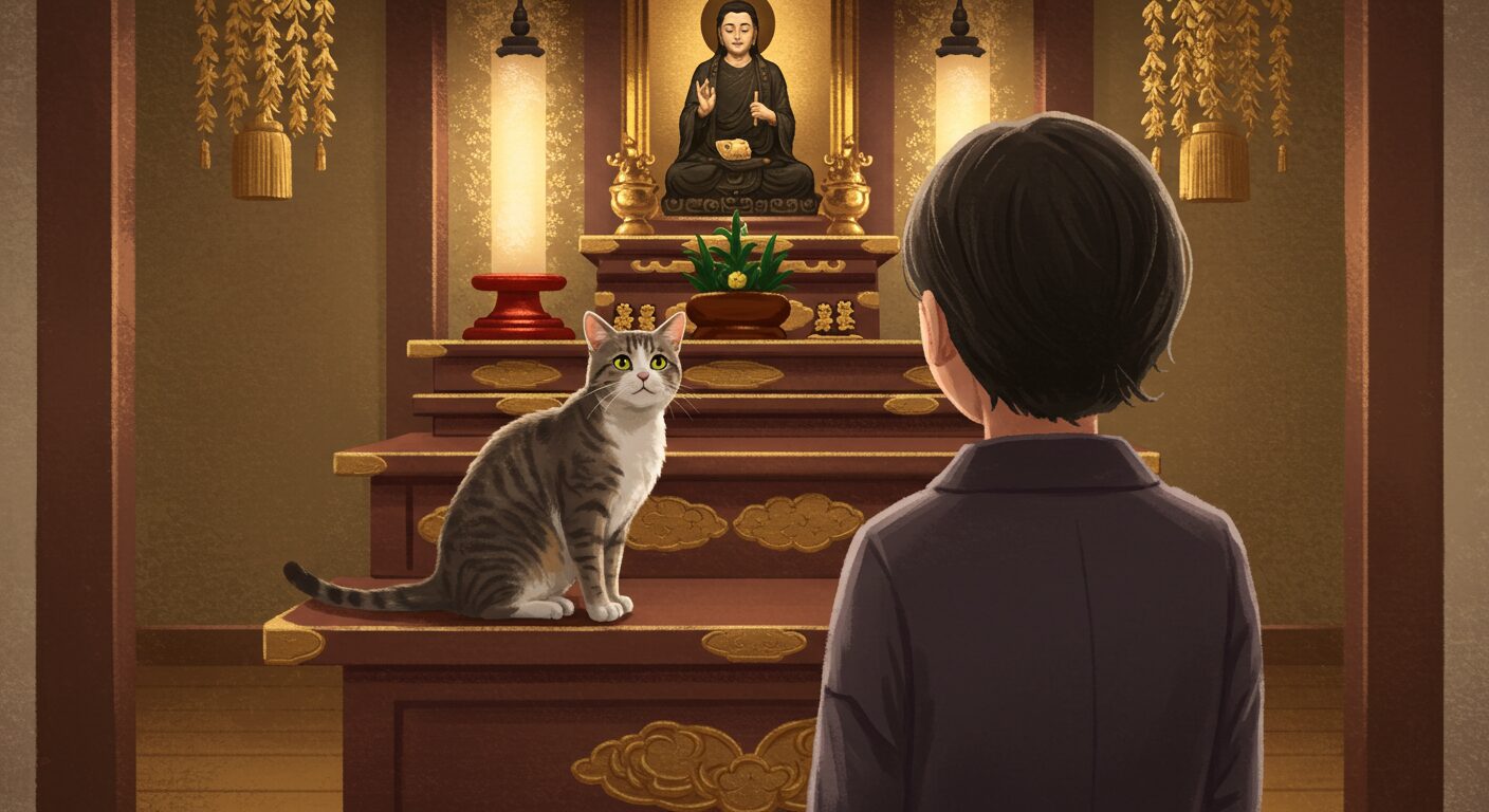 神棚の前で、少し困ったような、でも愛情のこもった表情で猫を見つめる飼い主（日本人女性）の後ろ姿。猫は神棚の上で不思議そうに首を傾げている。
