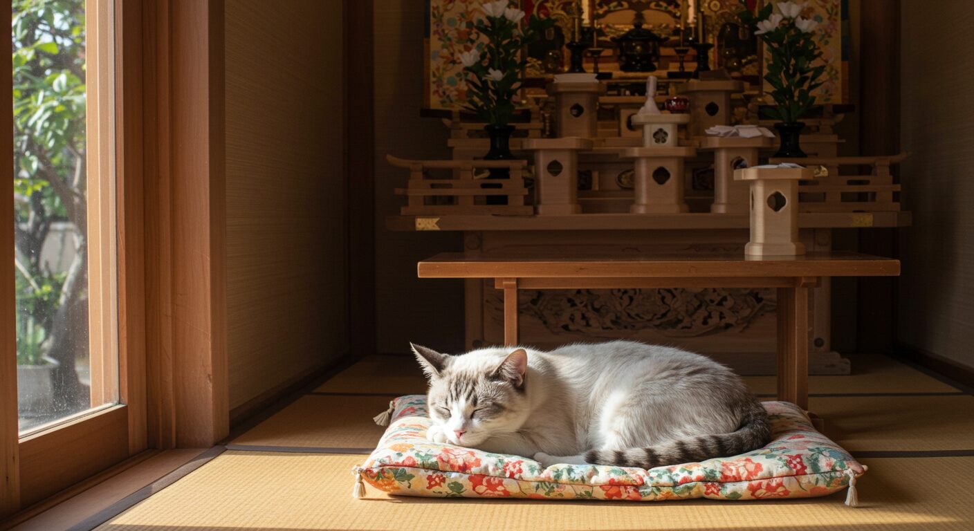 窓辺に置かれた気持ちよさそうなクッションの上で、猫が幸せそうにうたた寝している。神棚は少し離れた場所に、静かで清浄な雰囲気で映っている。