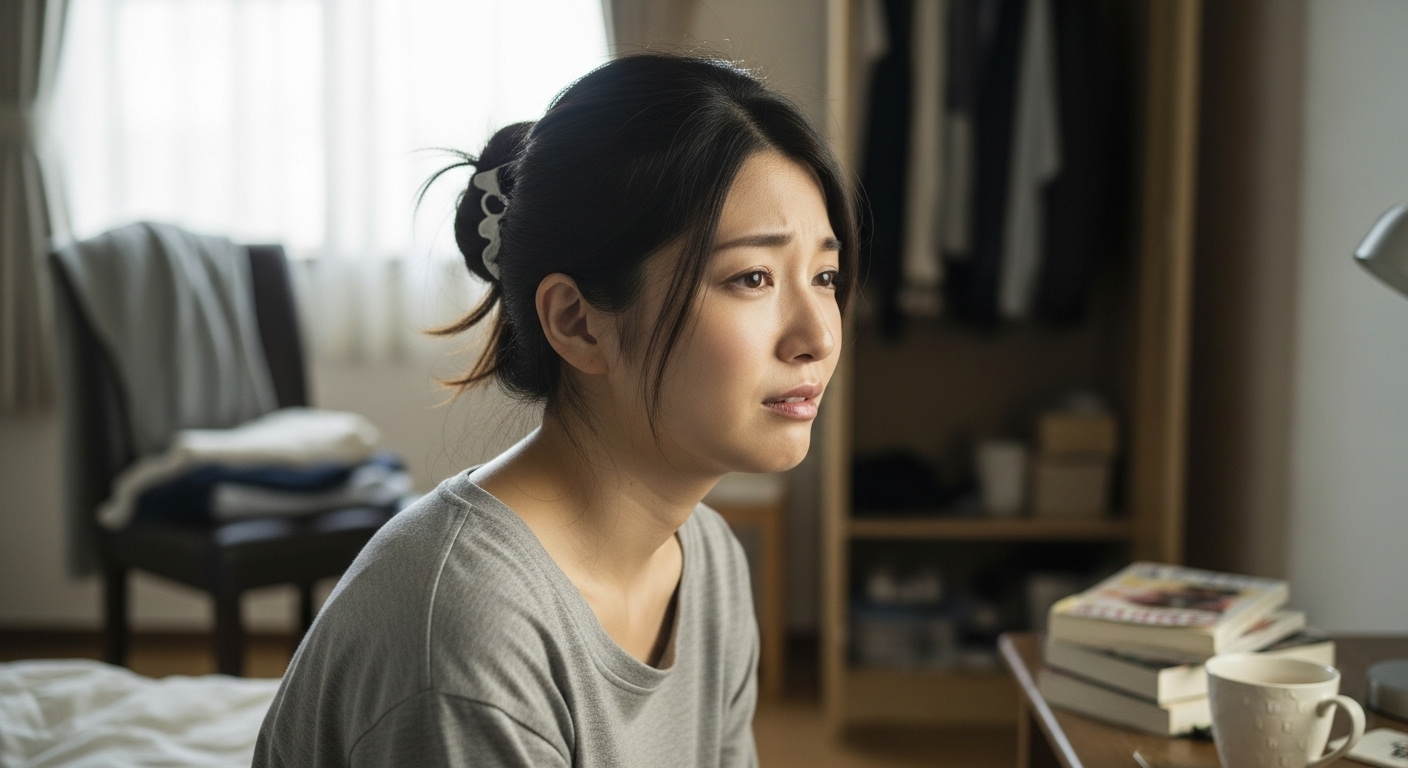 少し散らかった寝室を見て、ため息をつく日本人女性