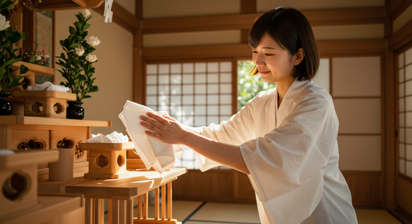 30代の日本人女性が、陽の光が差し込む明るく清潔な和室で、木製の神棚を丁寧に、敬意を込めて白い布で拭いている。