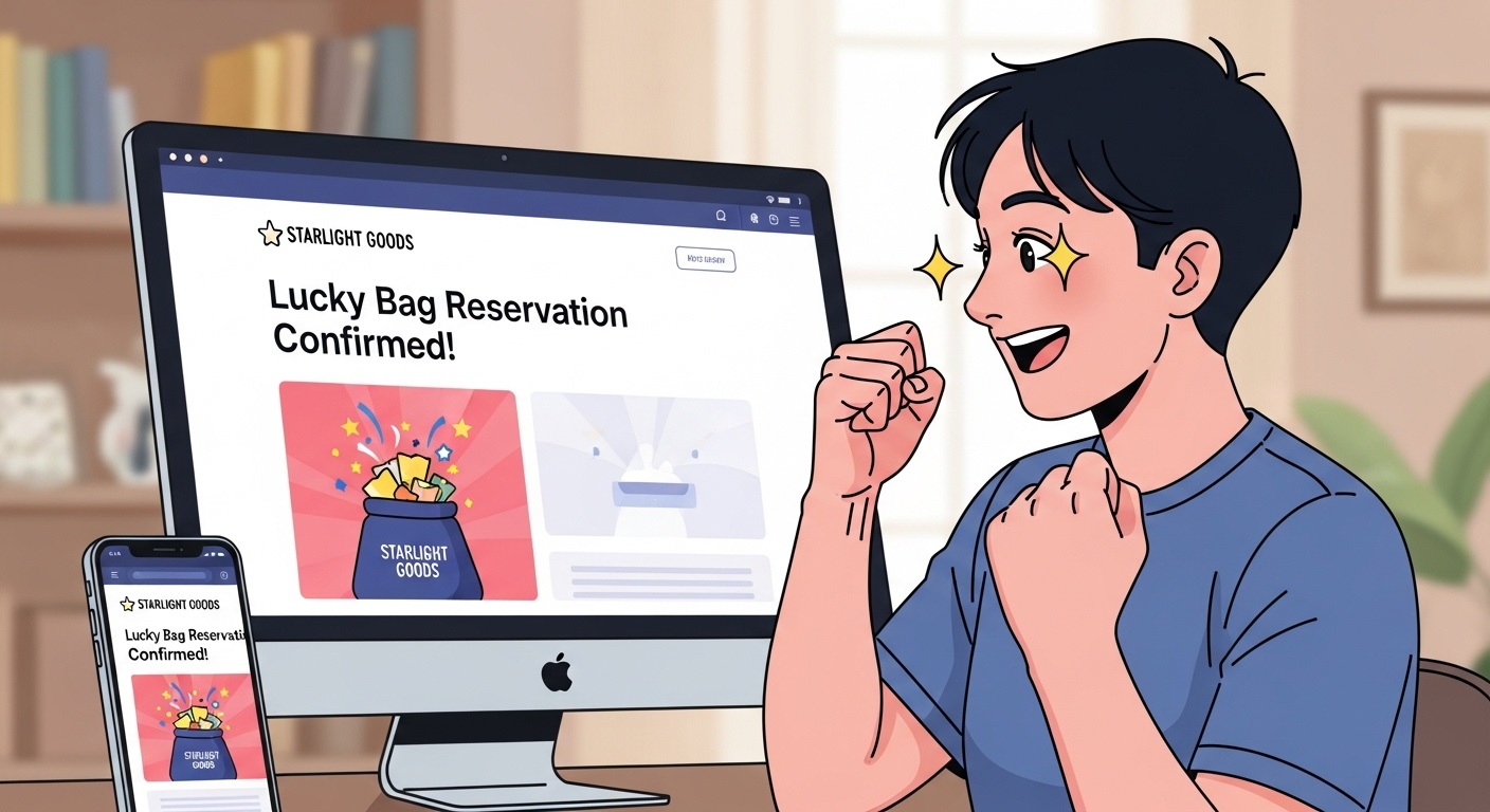 パソコンとスマホを前に、お目当てのブランドの福袋予約ページを開いてガッツポーズをする人物のイラスト