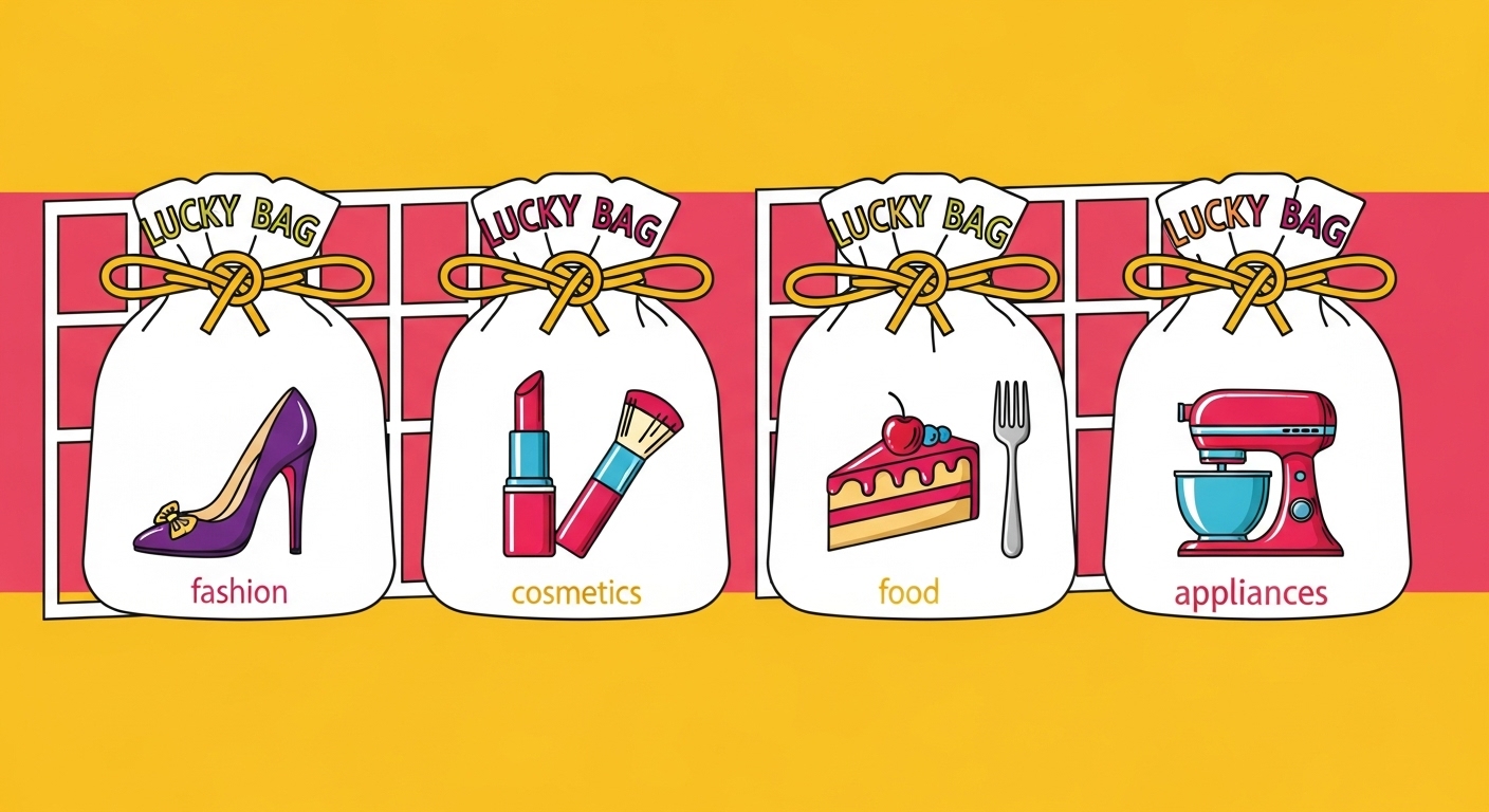 ファッション、コスメ、食品、家電のアイコンが描かれた、福袋の形をした4つのウィンドウ