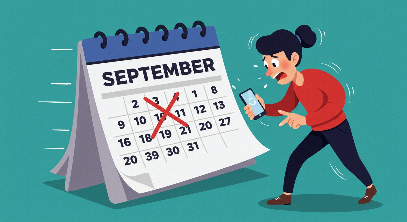 カレンダーに赤い×がついた9月カレンダーと、慌ててスマホをタップする人のイラスト。駆け込みの焦りを楽しく視覚化して、読者の共感を呼ぶイメージ