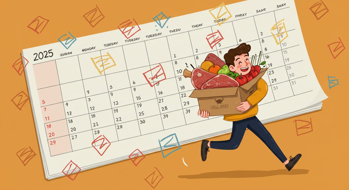 9月のカレンダーにポイントマークが散らばった背景で、豪華な返礼品（牛肉や果物）の箱を抱えた笑顔の人が駆け抜けるダイナミックなイラスト。