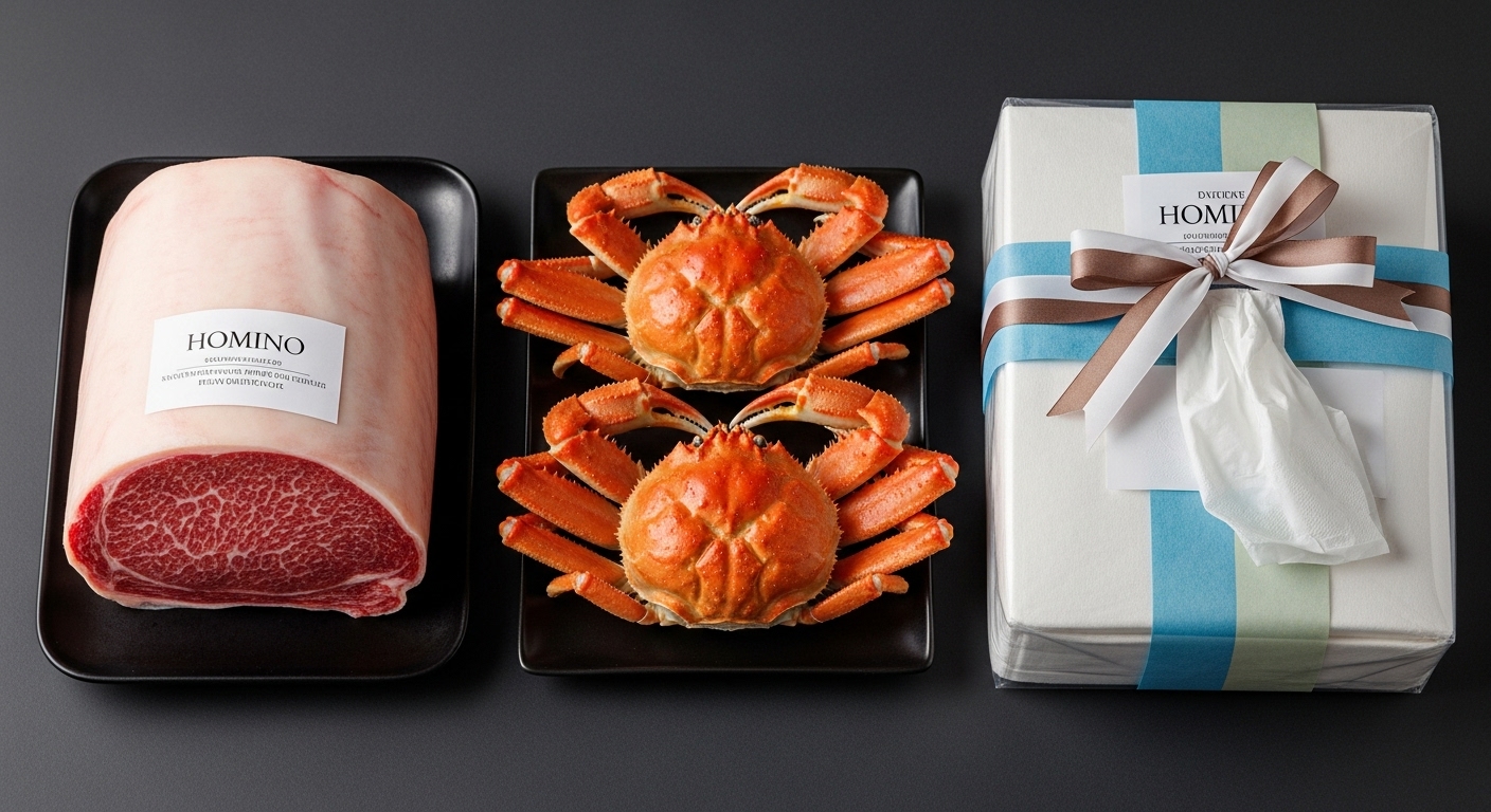 豪華な肉、カニ、山積みのティッシュペーパーの3つの返礼品が並んでいる画像