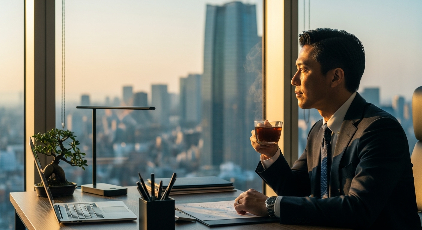 整えられたデスクと、そこから窓の外の景色を眺める日本人ビジネスパーソン
