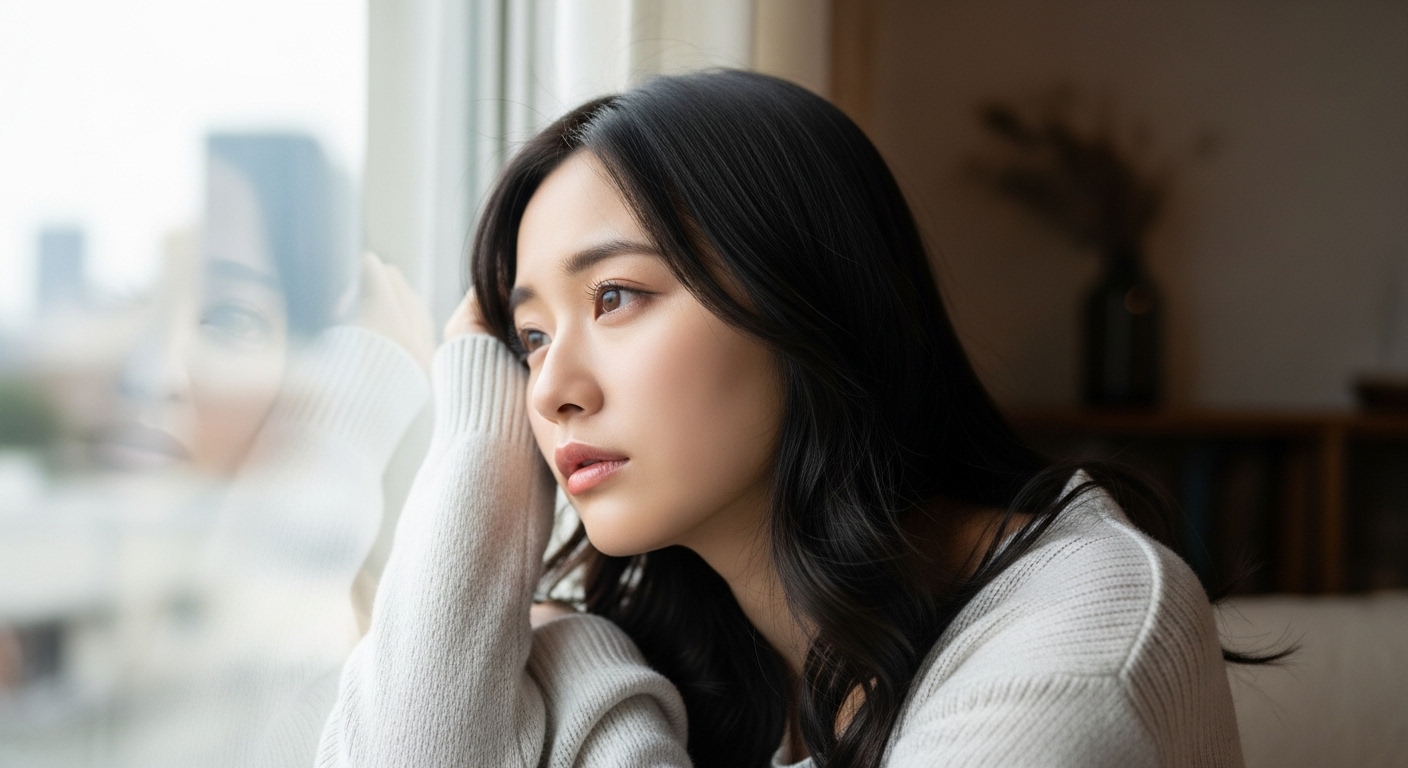 窓の外を眺め、物思いにふける若い日本人女性