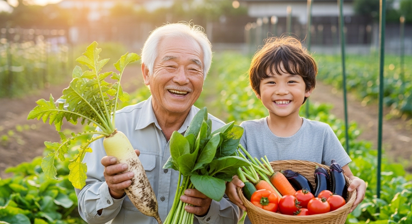 家庭菜園で収穫した野菜を手に笑う初老の日本人男性とお孫さん