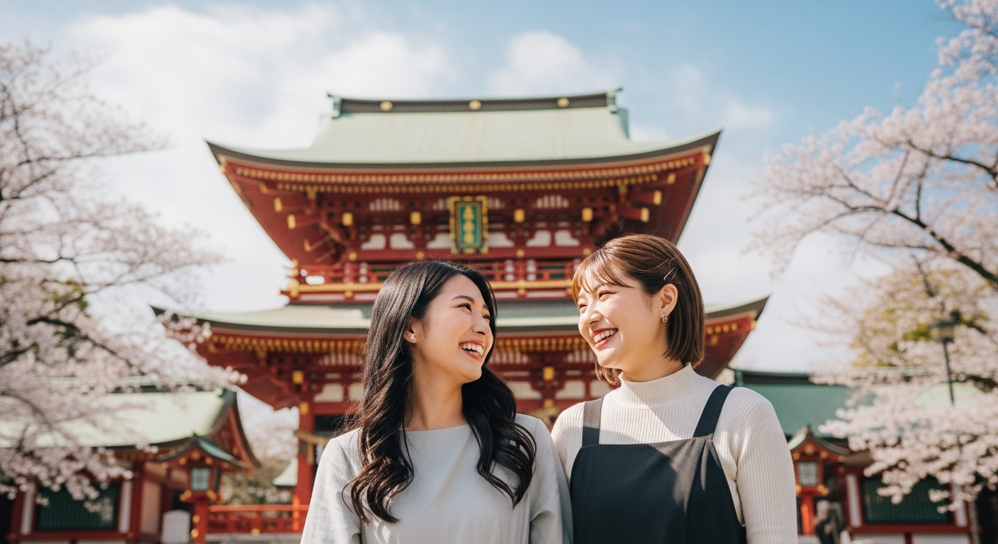 神社巡りを楽しむ2人の若い日本人女性