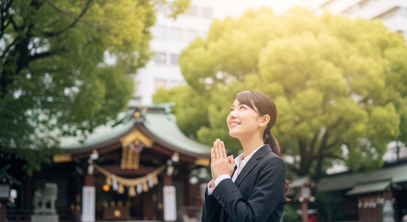 キャリアアップを祈願する若い日本人女性