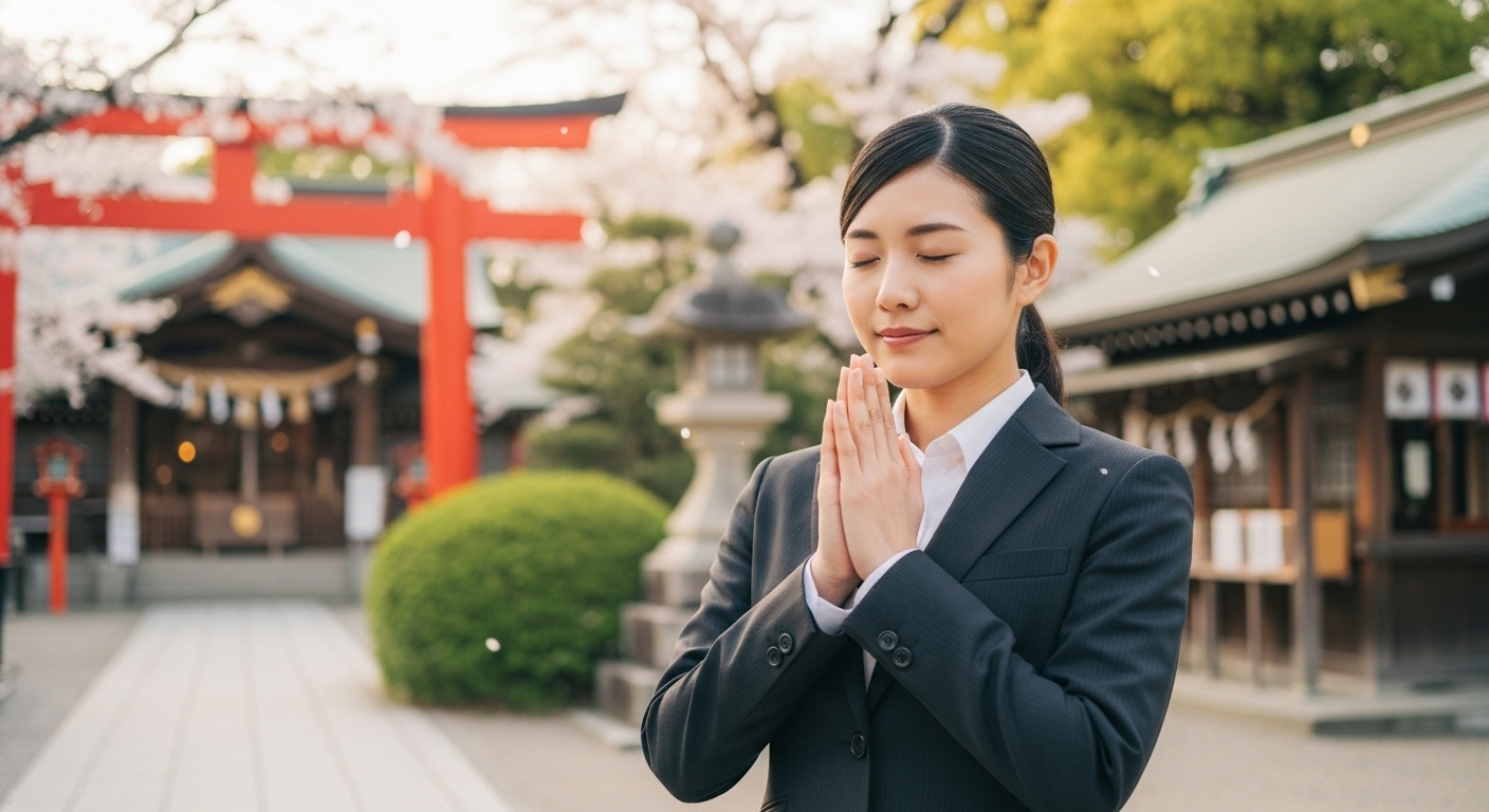 神社の境内で手を合わせるスーツ姿の若い日本人女性