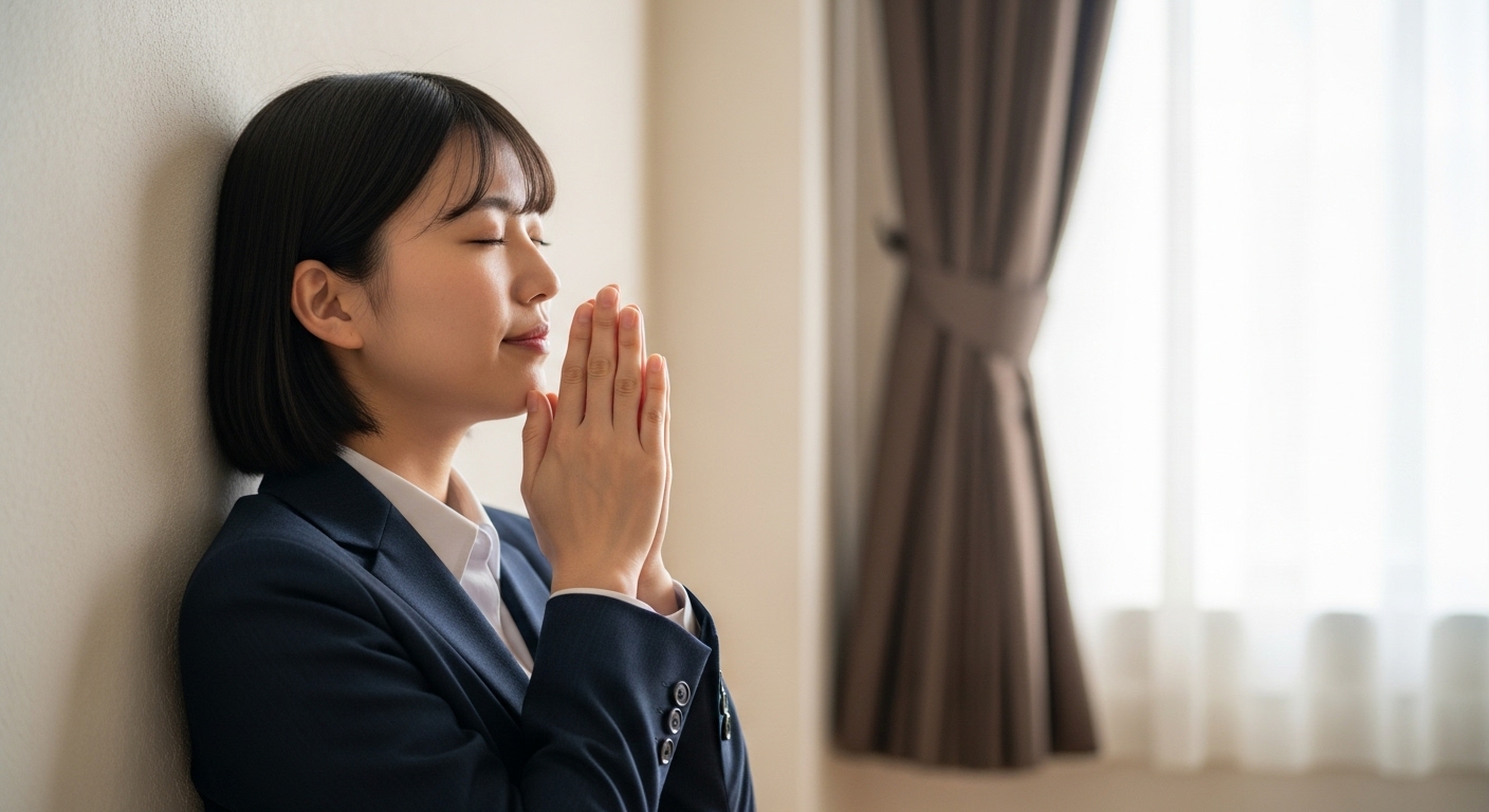 表彰式の介添えという大役を終え、緊張から解放されて穏やかな表情で安堵するスーツ姿の女性