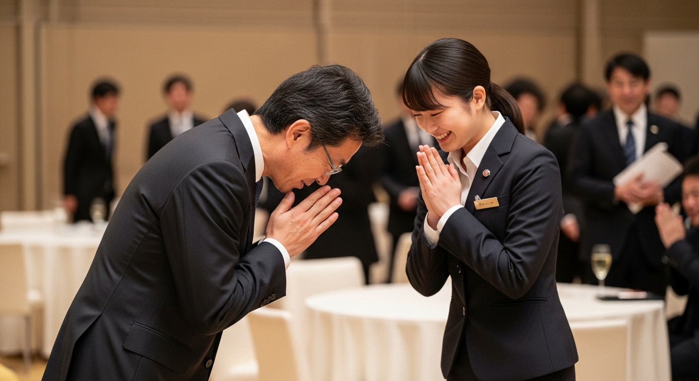 表彰式後、受賞者から深い感謝の意を伝えられ、感極まった表情で微笑む介添えの女性