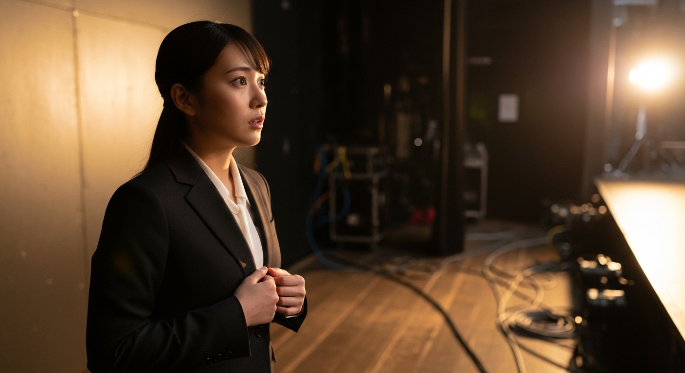 表彰式のステージ袖で本番を待つ介添えの女性