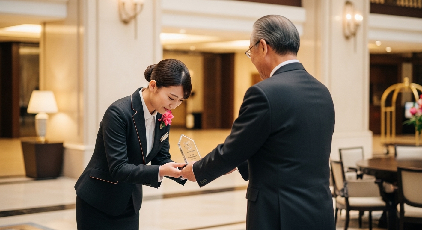表彰式を前に精神統一する介添えの女性