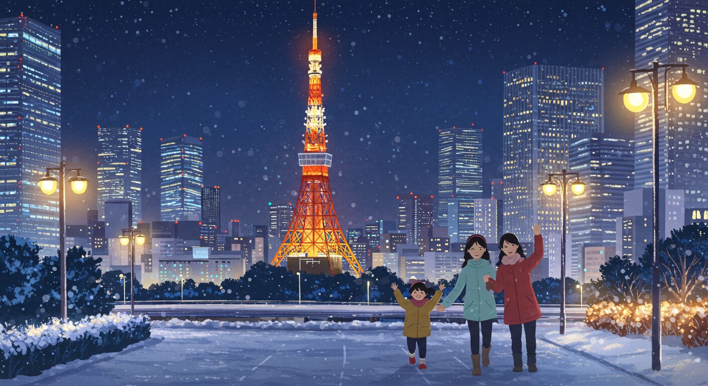 2025年冬の東京タワーと丸の内のイルミネーションが交差するキラキラの夜景イラスト、カップルと子供が笑顔で手を振る姿。寒さも忘れるロマンチックな雰囲気を表現し、ブログのトップ画像にぴったりな横長デザイン。