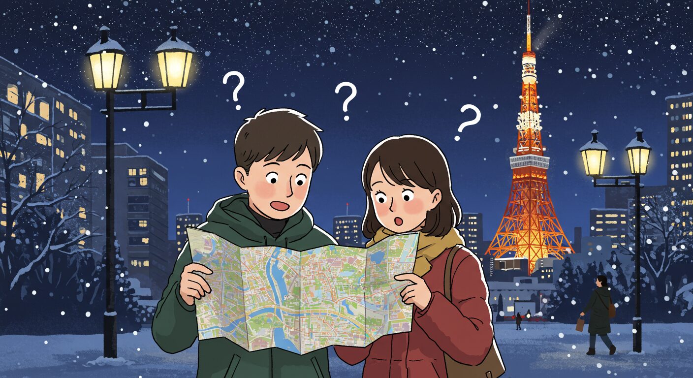 キラキラ光るイルミネーションの下で地図見ながら迷うカップルのイラスト、背景に雪と東京タワー。スポット選びの悩みを楽しく表現して、読者の共感を呼ぶイメージ