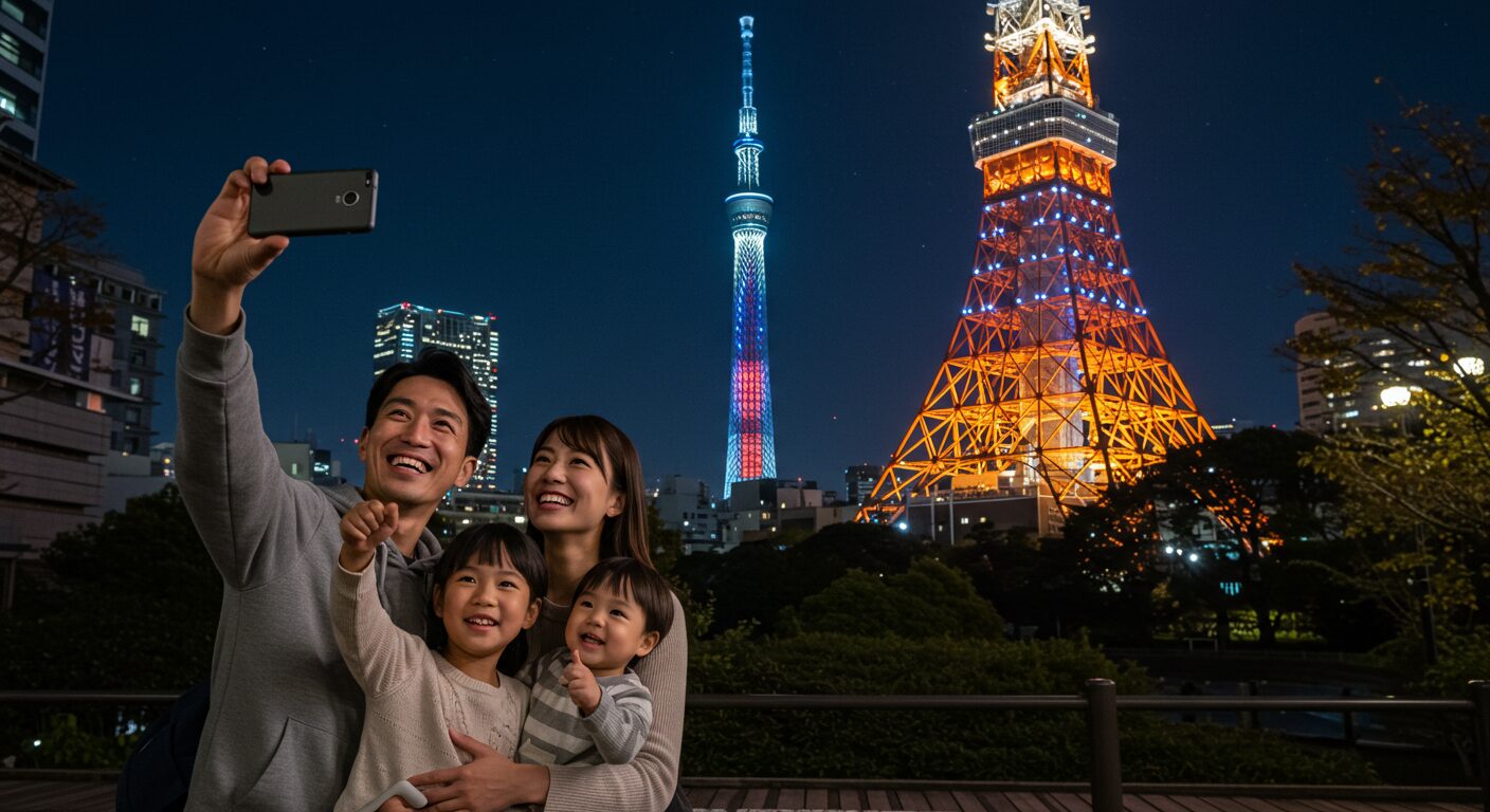 東京タワーのイルミネーションを背景に、カップルと家族が笑顔で写真撮る温かいシーン。2025年のキラキラ感を表現し、読者が「行きたい！」と感じる優しいイメージ