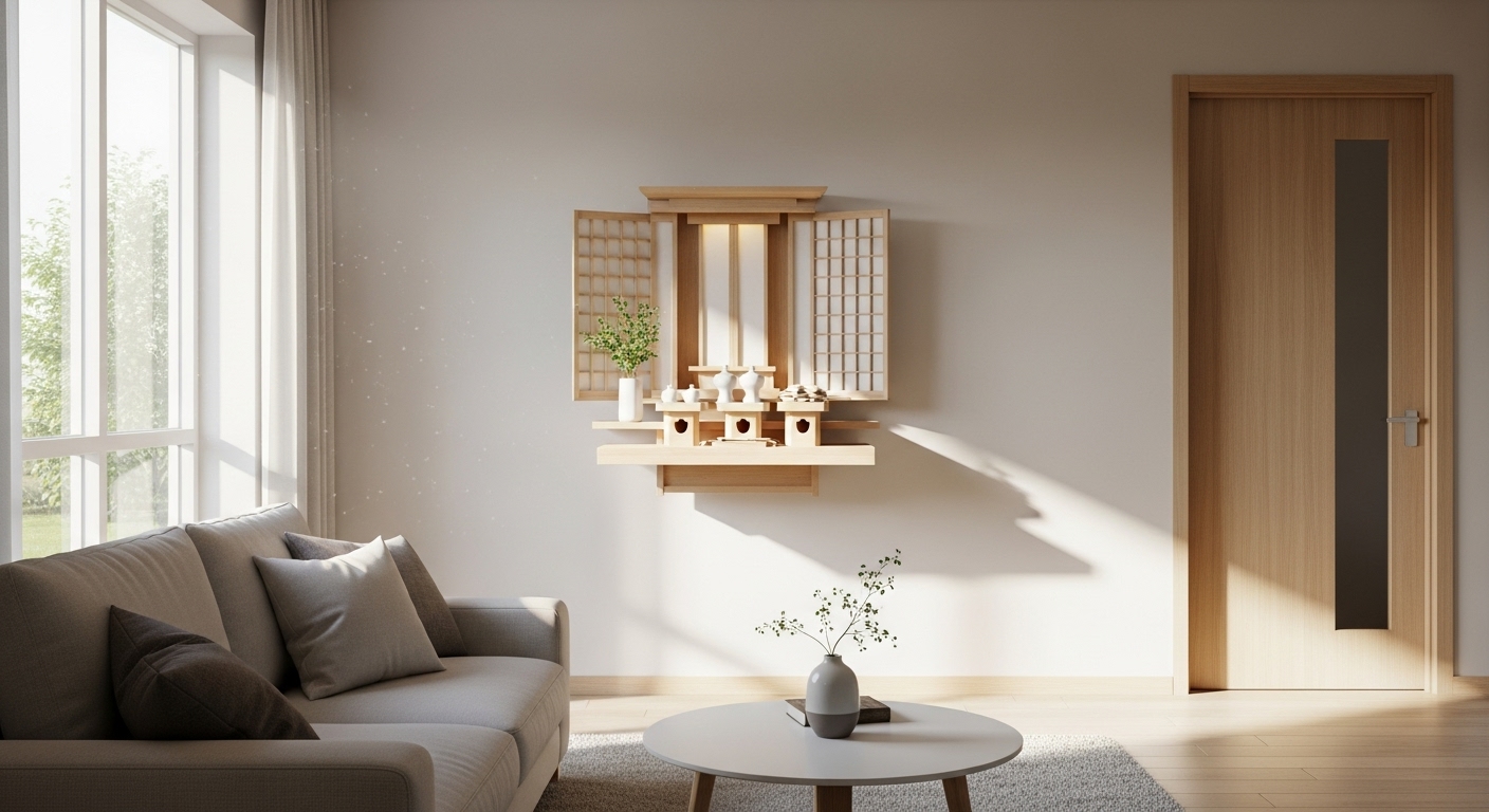 朝日が優しく差し込む明るいリビング。壁にはモダンでシンプルな神棚が祀られており、全体が清らかな光に包まれているようなイメージ。希望やポジティブな変化を象徴するような一枚。