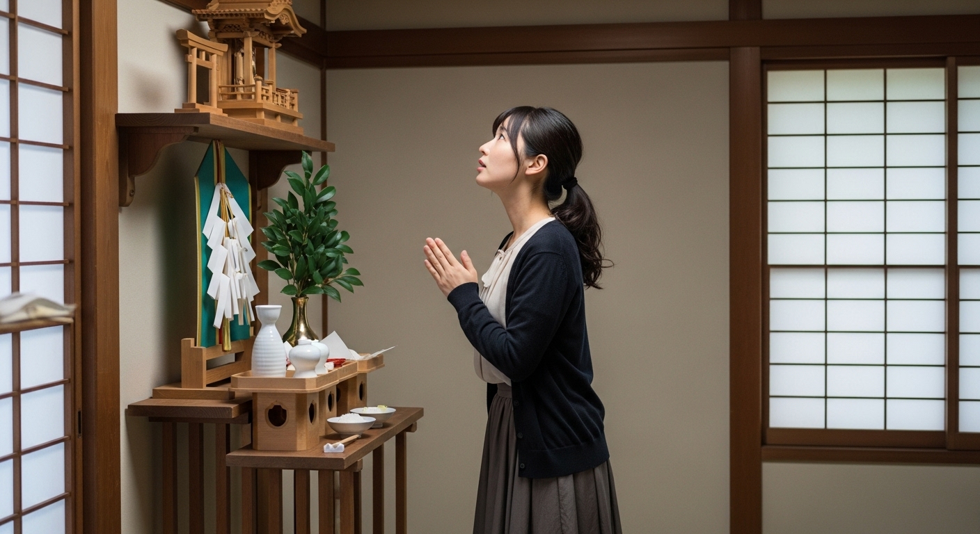 部屋の隅で少し不安そうに神棚を見上げる日本人の女性