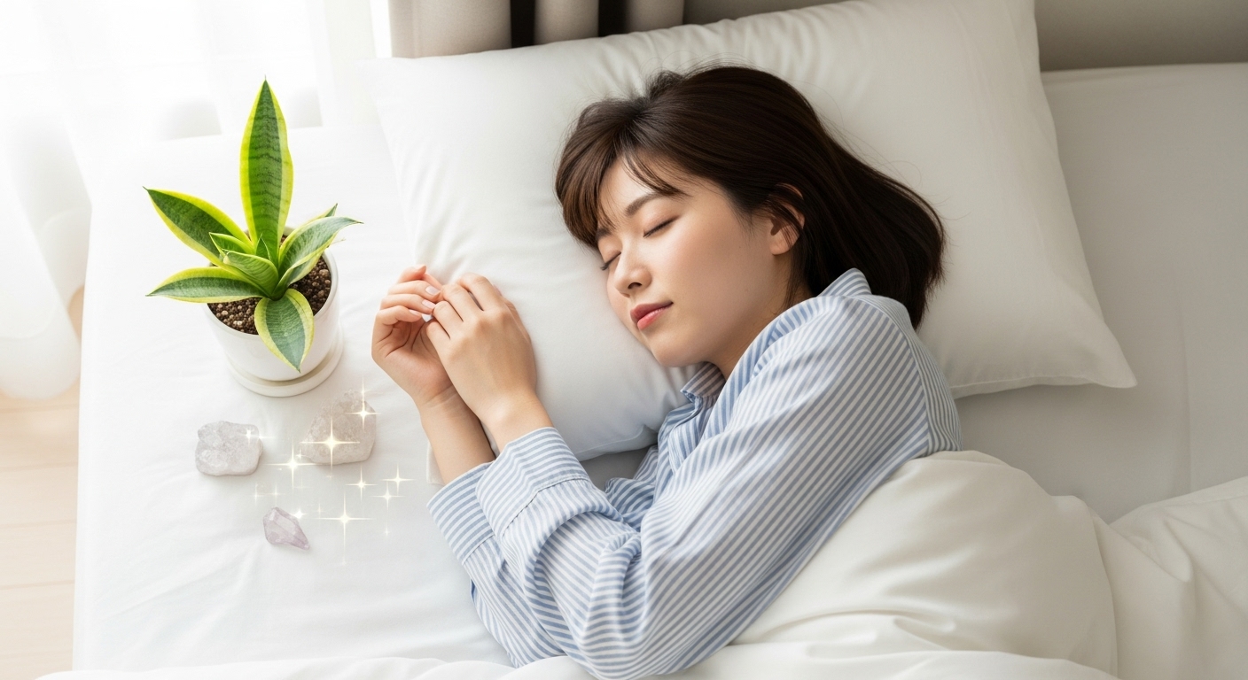 ワンルームのベッドで、気持ちよさそうに眠る20代の若い日本人女性。枕元には小さな観葉植物(サンスベリア)とキラリと光る水晶が置かれ、部屋全体が柔らかい朝の光に包まれている。