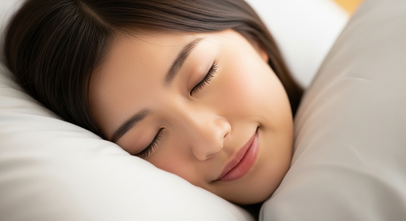 日本人の若い女性が、新しい快適な枕に顔をうずめて、とても気持ちよさそうに幸せな表情で眠っている様子。ぐっすり眠れている安心感が伝わるクローズアップ。