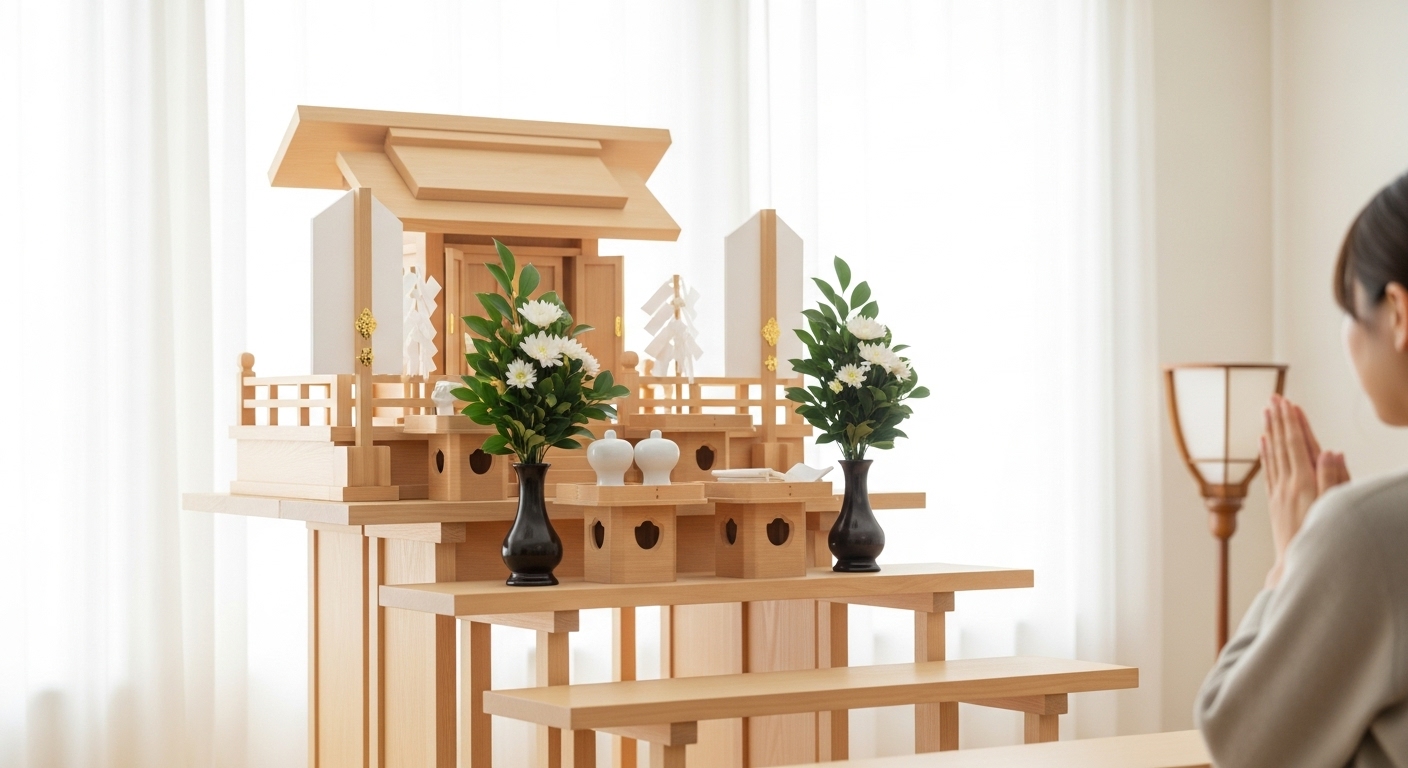 明るい和室に設置された、清潔で美しい白木(ひのき)の神棚。神棚の下には何も置かれず、すっきりと整えられている。窓から柔らかい自然光が差し込み、神聖で穏やかな雰囲気を醸し出している。