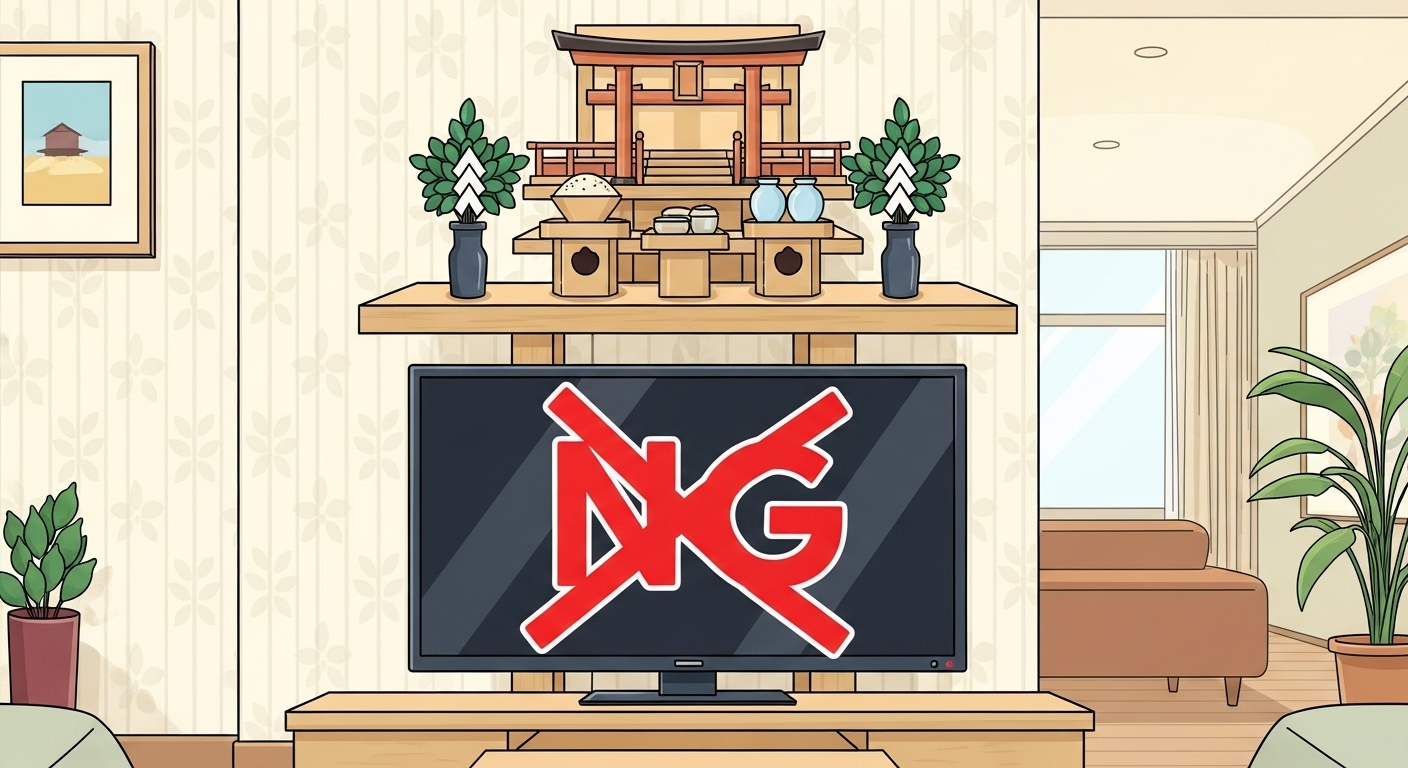 リビングに設置された神棚の真下にテレビが置かれているイラストに、大きく「NG」のバツ印が描かれているイメージ。親しみやすいタッチのイラスト。