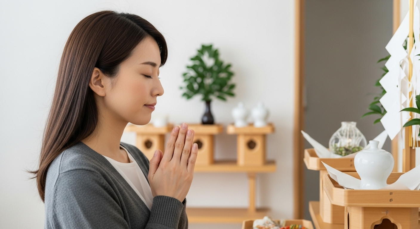 20代後半～30代の日本人女性が、自宅の神棚の前で目を閉じ、穏やかな表情で静かに手を合わせている。カジュアルな普段着で、日常の中の自然な祈りのシーン。神棚を祀ることが特別なことではなく、生活の一部であることを表現。