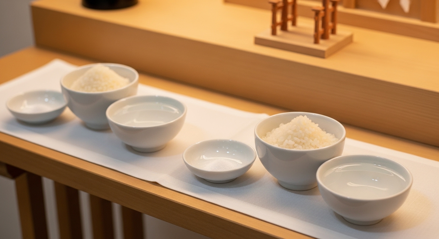 神棚用の小さなお供えセット(米、塩、水を入れる器)が二組、綺麗に並べられている写真。清潔感と丁寧さが伝わるイメージ。