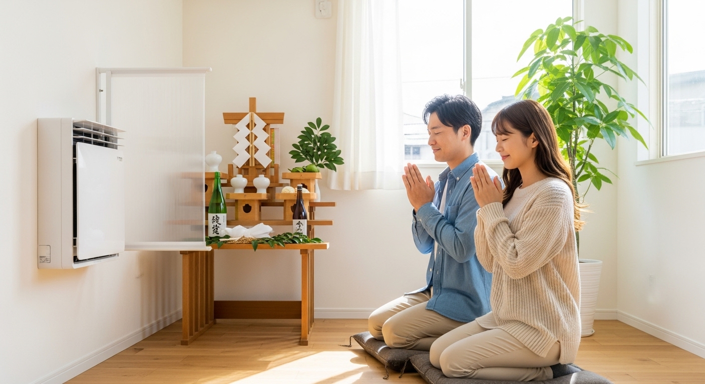 若い日本人の夫婦が、リビングに設置された神棚ににこやかに手を合わせている。神棚の少し離れた位置にはエアコンがあるが、風除け板が設置されており、神棚への配慮が感じられる。部屋全体が明るく幸せな雰囲気に包まれている。