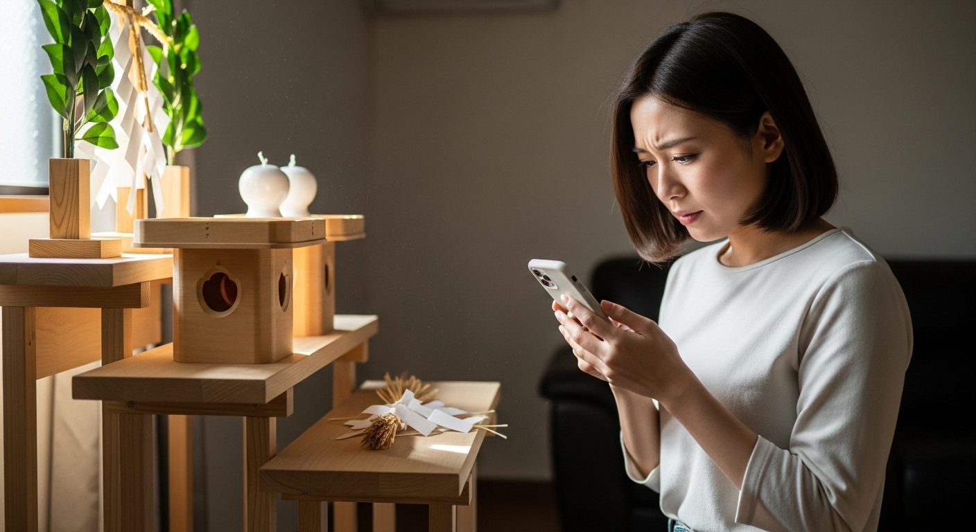 真新しい神棚を前に、少し不安そうな顔でスマートフォンで祀り方を調べている日本人の若い女性