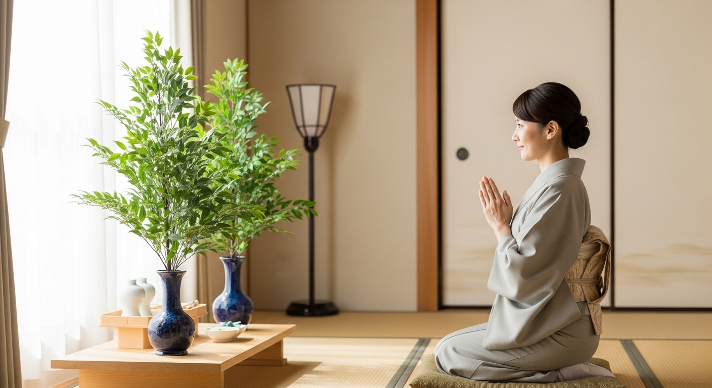 明るい自然光が差し込む和室の神棚。一対の瑞々しい榊が飾られている。一人の日本人女性（30代）が、優しい表情で神棚に手を合わせている。全体的に清潔感があり、穏やかで少し温かみのある雰囲気。