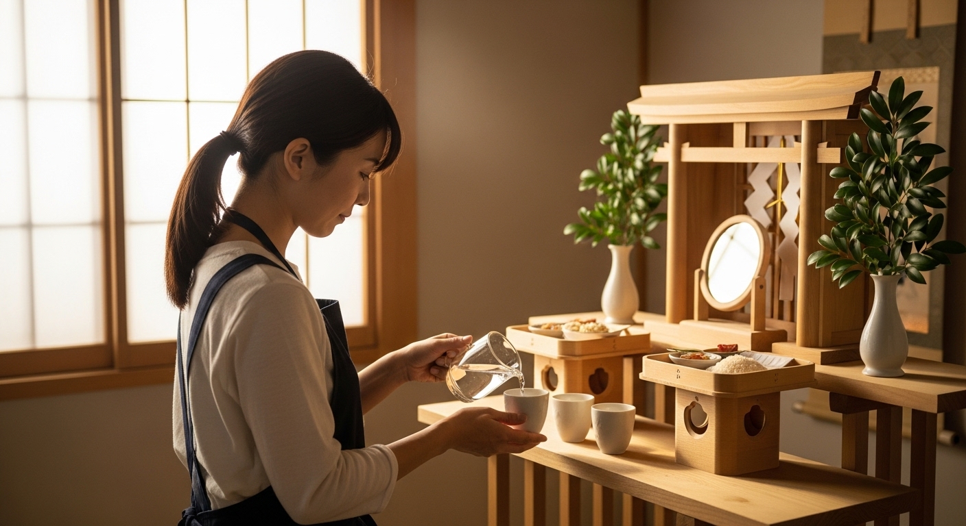 朝の光の中で、清々しい気持ちで神棚の水を替えている日本人の女性の手元