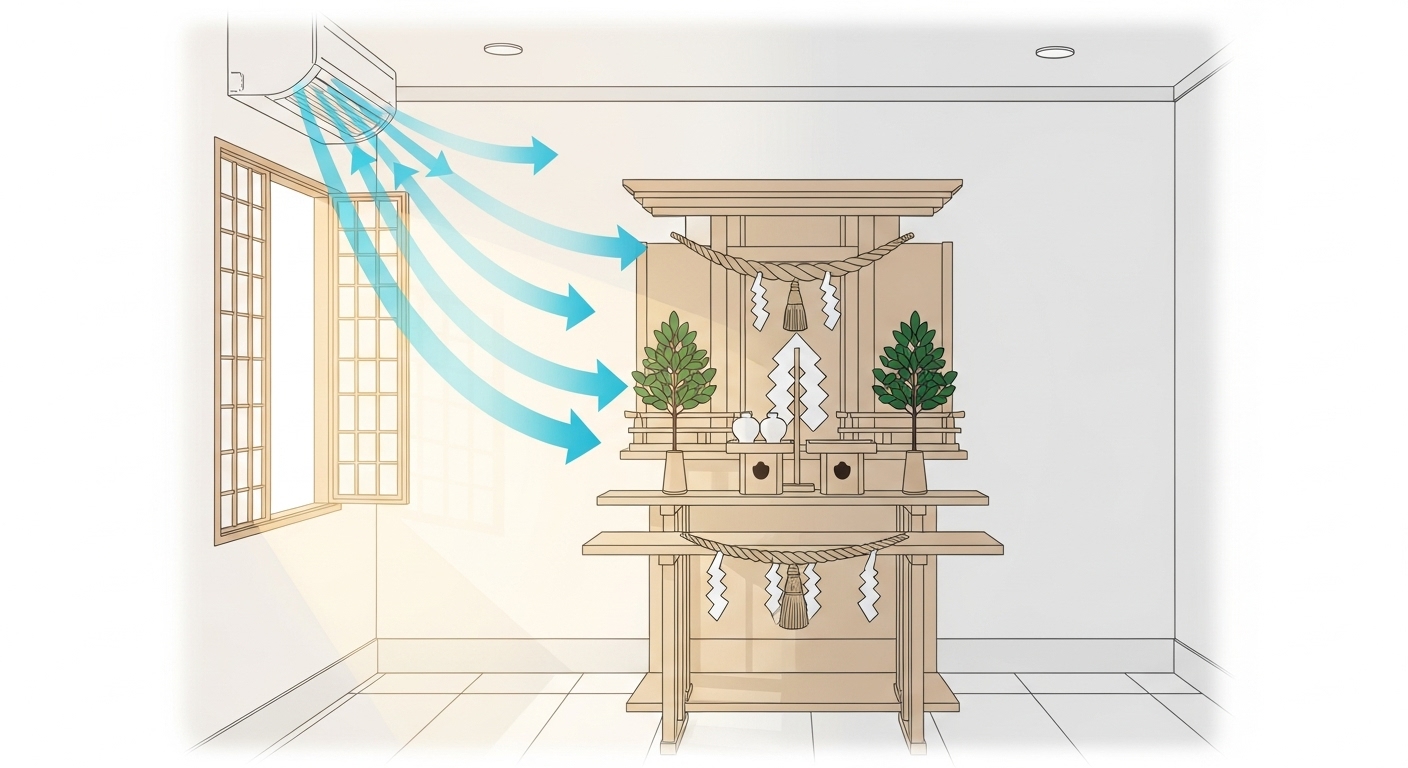 神棚の周りの空気の流れや光の当たり方が左右で違うことを示すシンプルなイラスト。エアコンの風が左側にだけ当たっている、窓からの光が左側だけ強い、などが矢印で示されている。