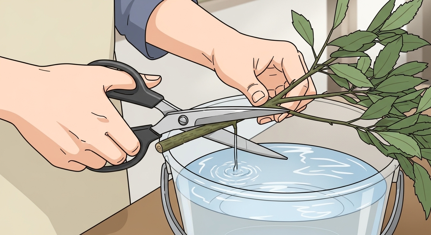 バケツの水の中で榊の茎をハサミで斜めに切っている様子の分かりやすい図解イラスト。日本人女性の手元をクローズアップしている。