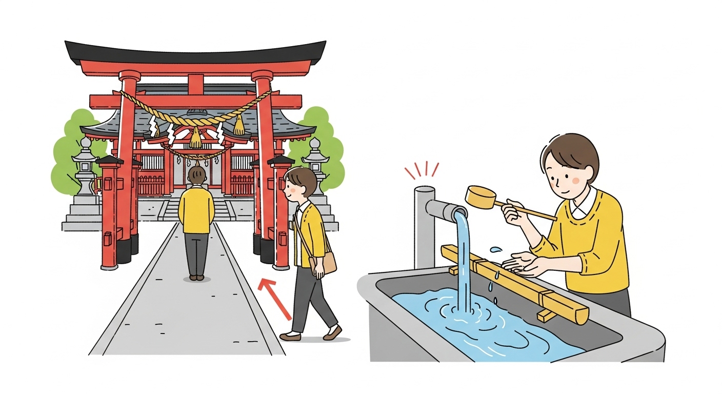 神社の参道で、鳥居の前で一礼する人、手水舎で清める人、真ん中を避けて歩く人など、正しい参拝マナーを分かりやすく示したイラスト。親しみやすいタッチで描かれている。