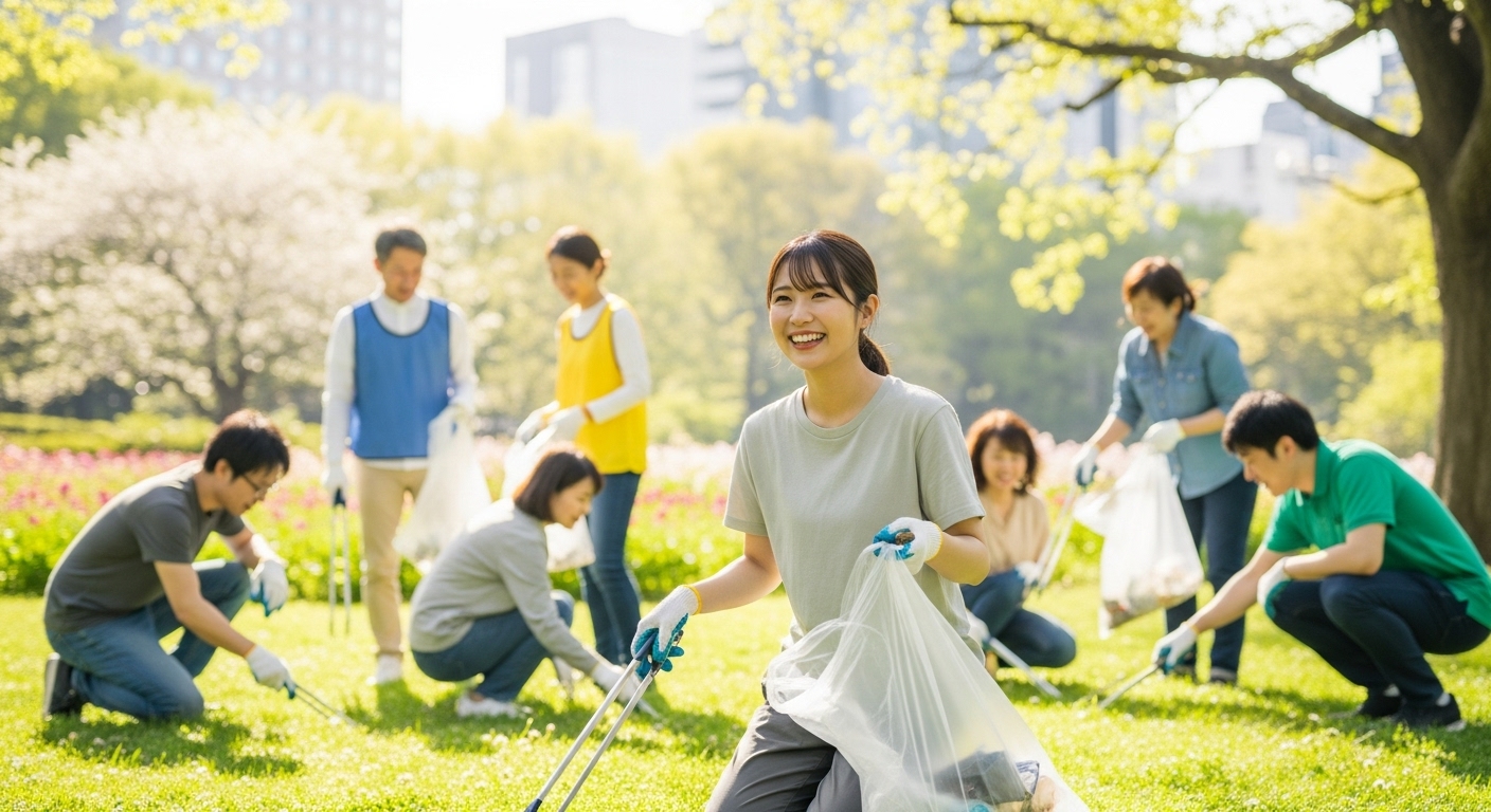 公園で、若い日本人の女性が笑顔でボランティアのゴミ拾い活動をしている様子。周りの人たちも和気あいあいとしていて、ポジティブで明るい雰囲気が伝わってくる。晴れた日の柔らかな光が彼女を照らしている。