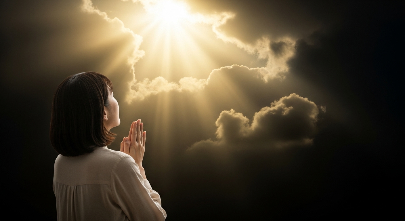 嵐の黒い雲の切れ間から、神々しく荘厳な金色の光が差し込んでいる。その光の下で、日本人の女性が一人、静かに手を合わせ祈りを捧げている後ろ姿。
