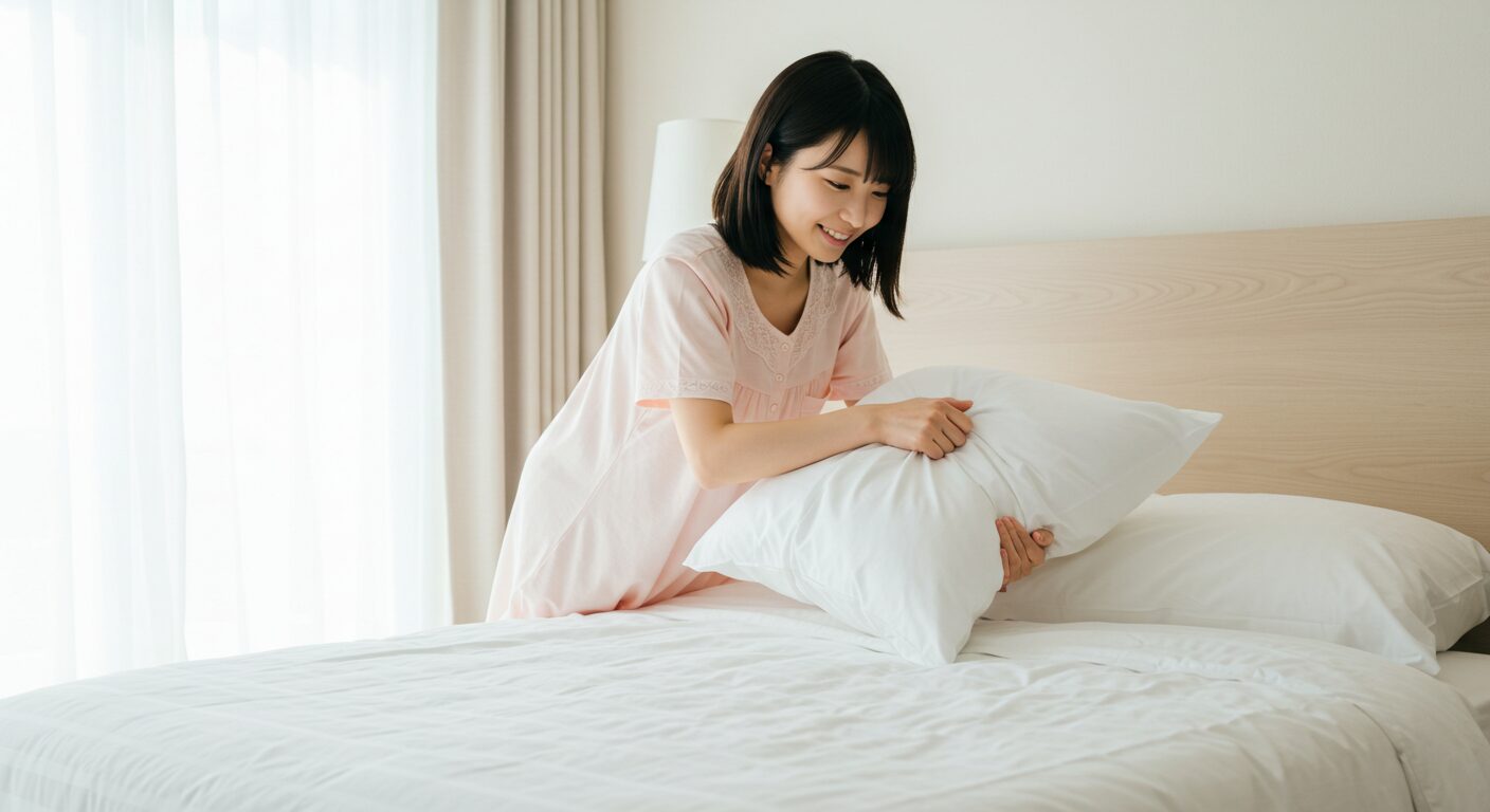 明るい日差しが差し込む清潔な寝室で、日本人女性がベッドの枕の位置を少しずらして、安心したように微笑んでいる。