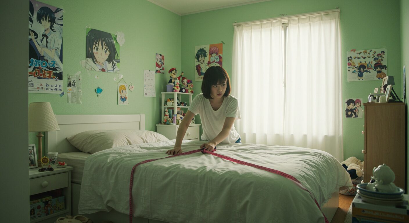狭い寝室で、日本人女性がメジャーを持ちながらベッドの周りを測り、「これ以上動かせない…」と途方に暮れている様子。