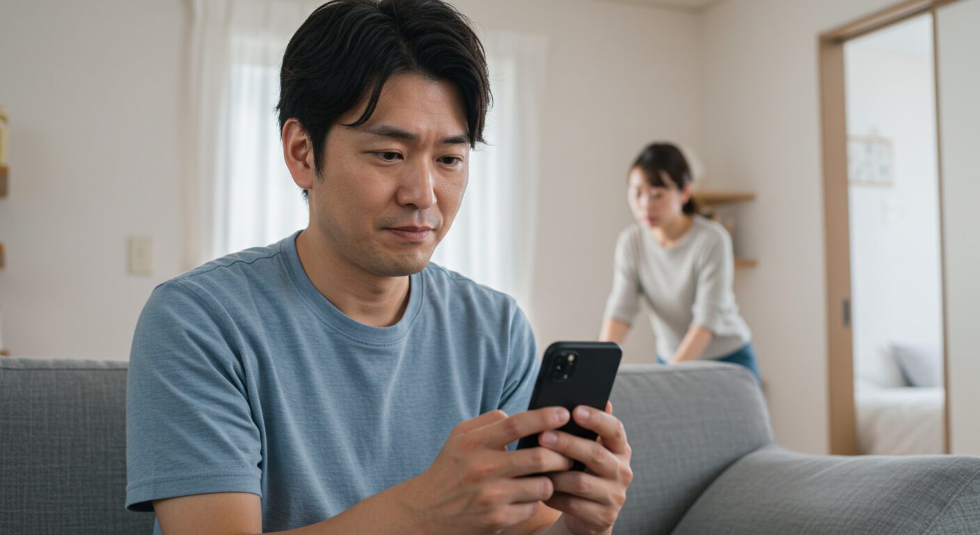 リビングのソファで、少し困ったような、でも優しい表情でスマートフォンを見ている30代〜40代の日本人男性。背景には妻が寝室を気にしている様子がぼんやりと見える。