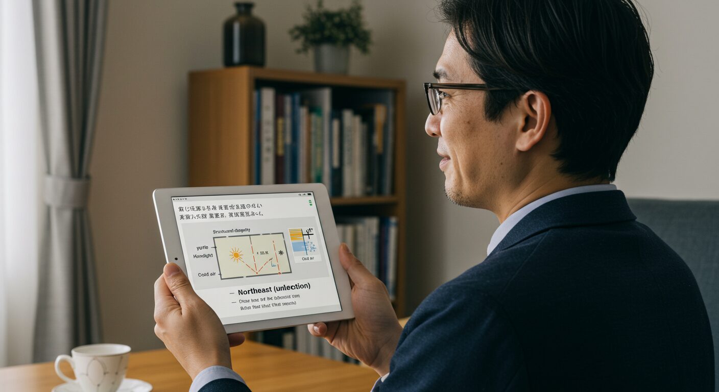 家の間取り図を見ながら、鬼門の科学的な理由に納得する日本人男性