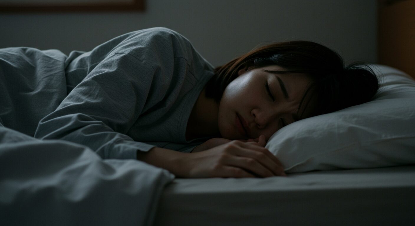 暗い寝室のベッドの上で、悪夢にうなされているのか、苦しそうな表情で眠っている若い日本人女性。見ている人が不安になるような雰囲気。