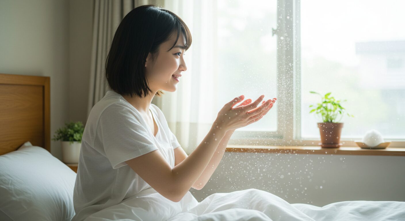 鬼門対策を終え、悪夢から解放された朝の光の中で安堵の表情を浮かべる日本人女性