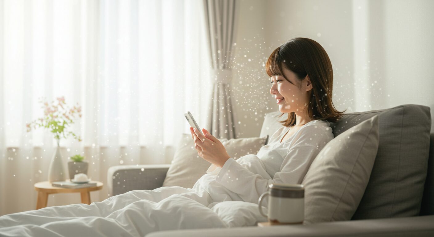 明るいリビングのソファで、コーヒーを片手にリラックスした表情でスマートフォンを見ている日本人女性。「鬼門」の文字を見ても「ふーん」という感じで気にしていない様子。