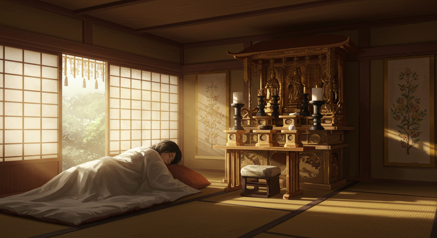 神棚のある部屋で安心して眠る女性