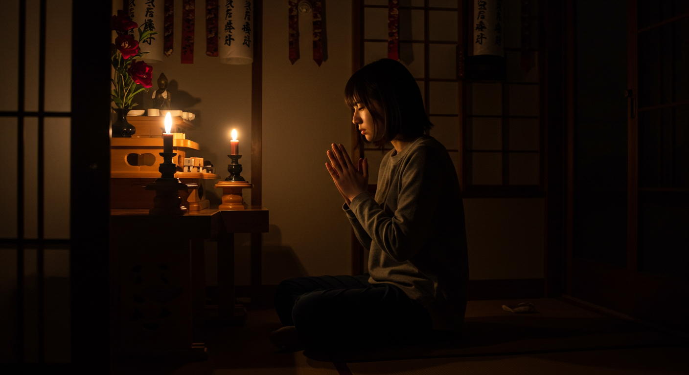 神棚に手を合わせ謝る女性