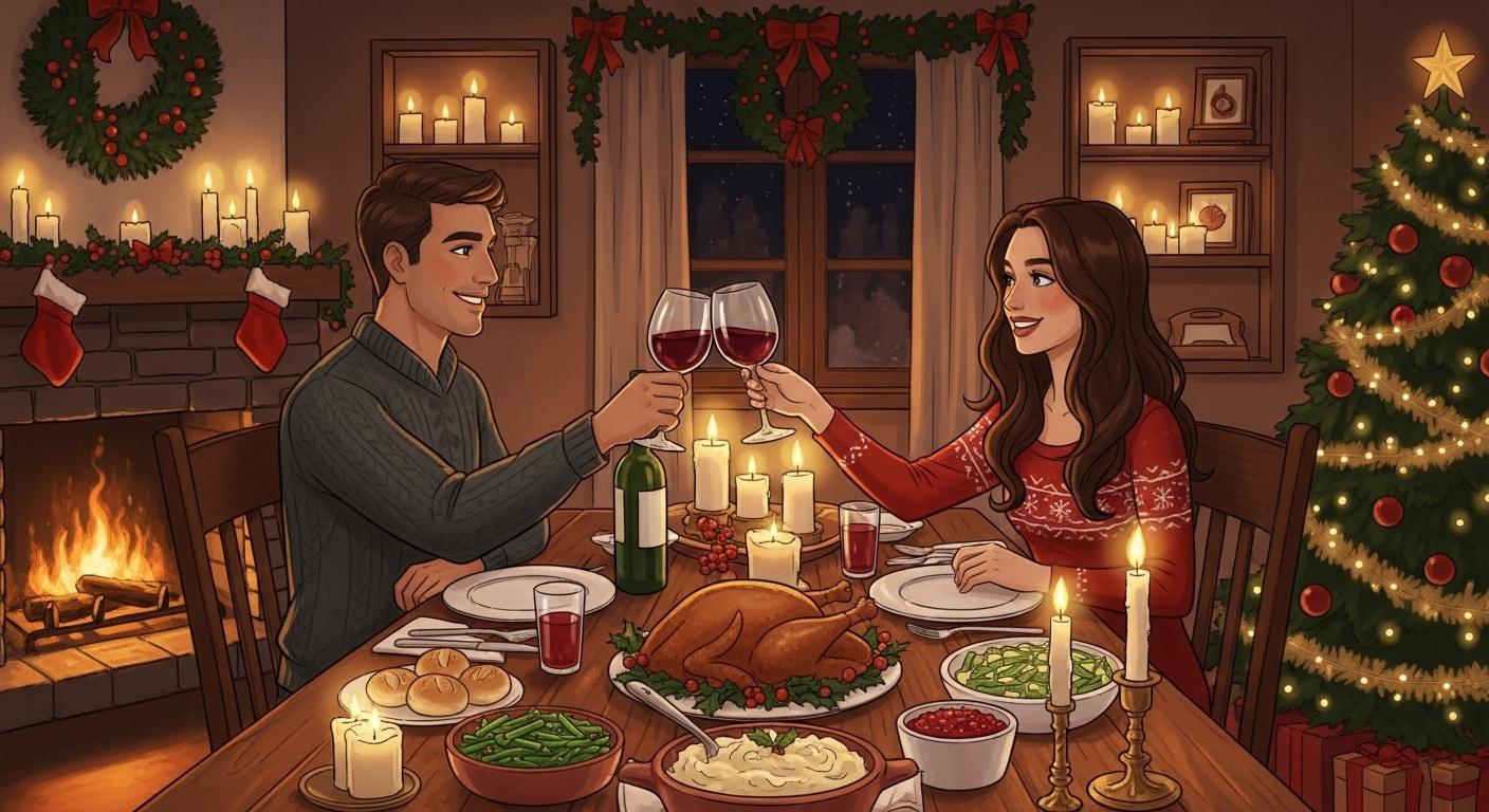 キャンドルが灯る温かい雰囲気の部屋で、手作りのクリスマスディナーを前に笑顔で乾杯するカップルのイラスト